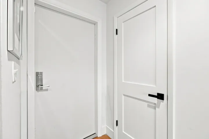 Modern interior door with black lever hardware