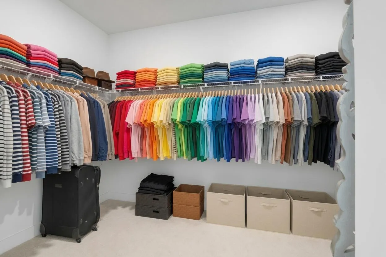 Oversized walk-in closet with abundant hanging space and shelving.