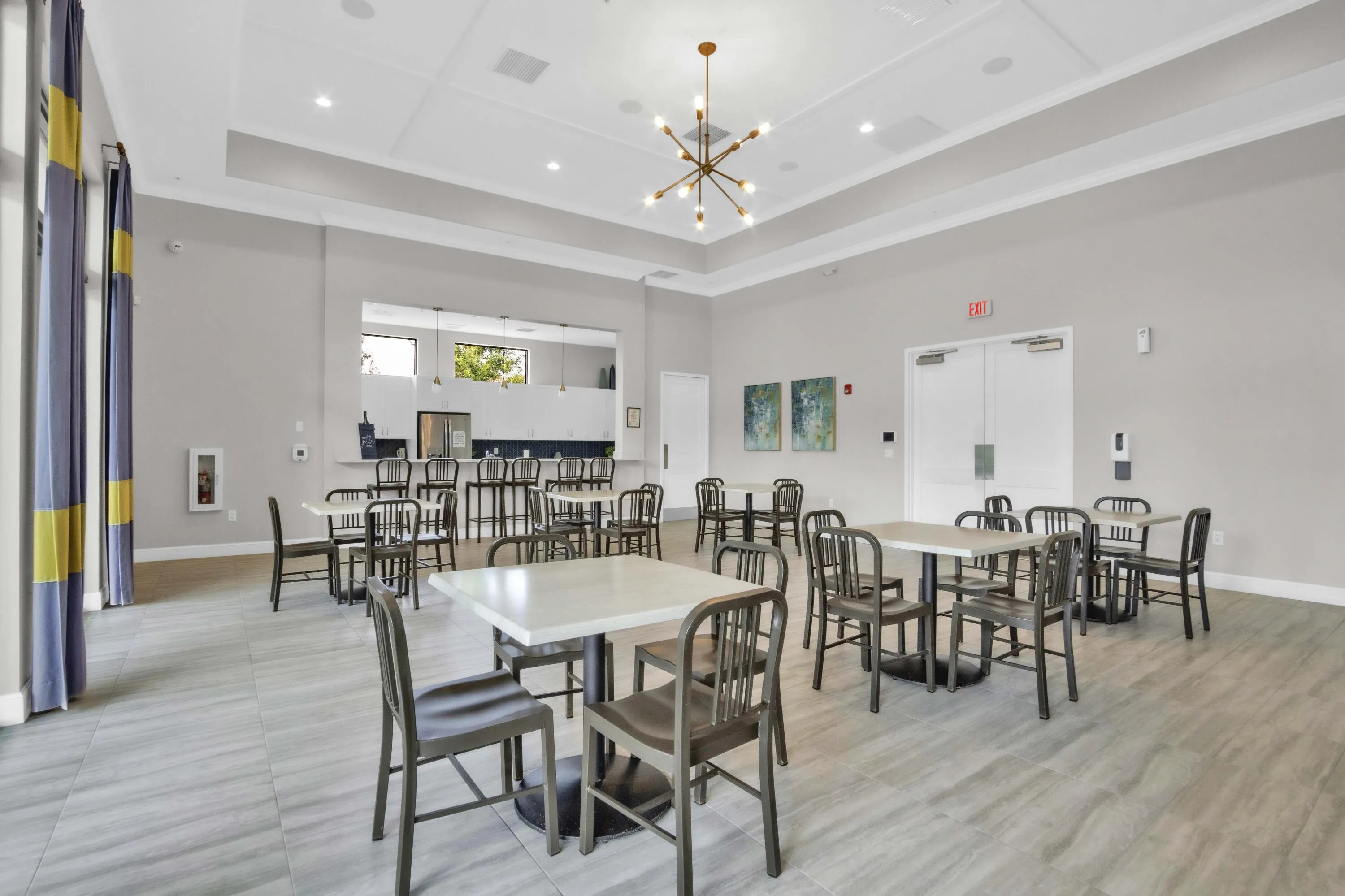 A spacious event and dining room inside the clubhouse is well-suited for community gatherings and social events.