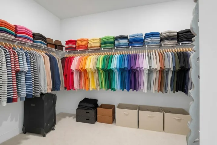Oversized walk-in closet with abundant hanging space and shelving.