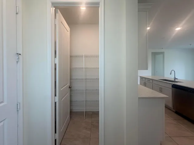 Kitchen pantry with wire shelving, illuminated by a recessed light, alongside a kitchen featuring light cabinetry, a quartz-finish countertop, and a stainless steel under-mount sink with a gooseneck faucet