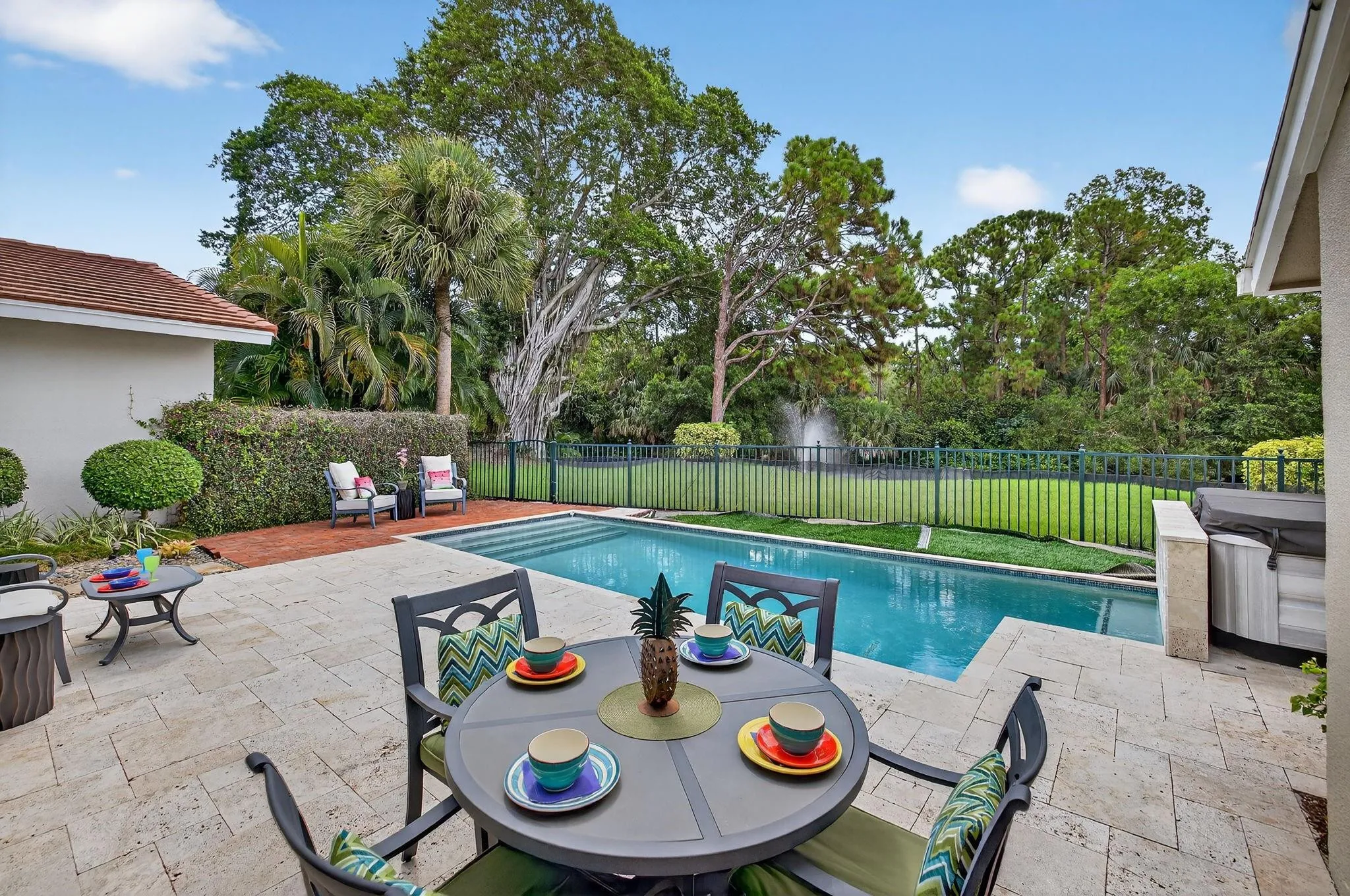 Party like a rock star on the fenced oversized paver patio.