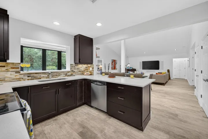 Sleek counters and stainless steel appliances.