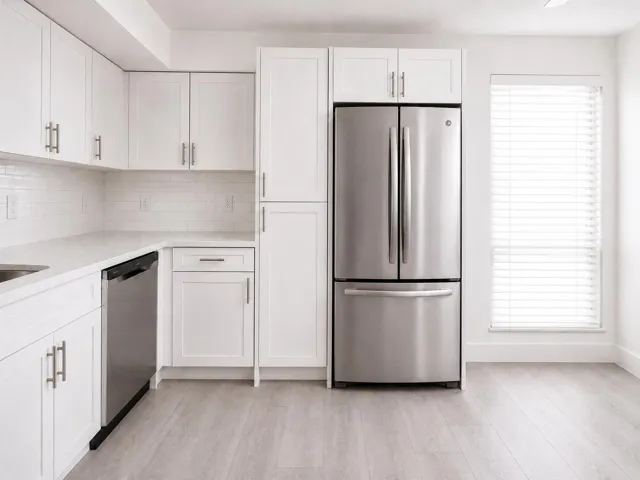 Kitchen featuring white shaker-style cabinetry, stainless steel appliances, white subway tile backsplash, light wood-finish flooring, and a window with horizontal blinds