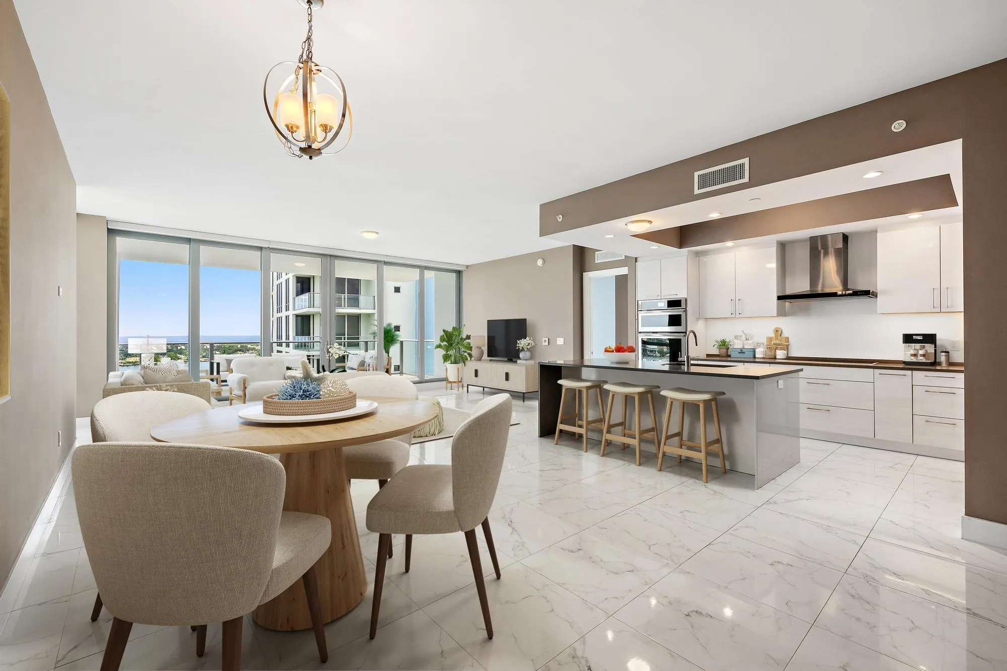 Virtually staged Dining/Living/Kitchen