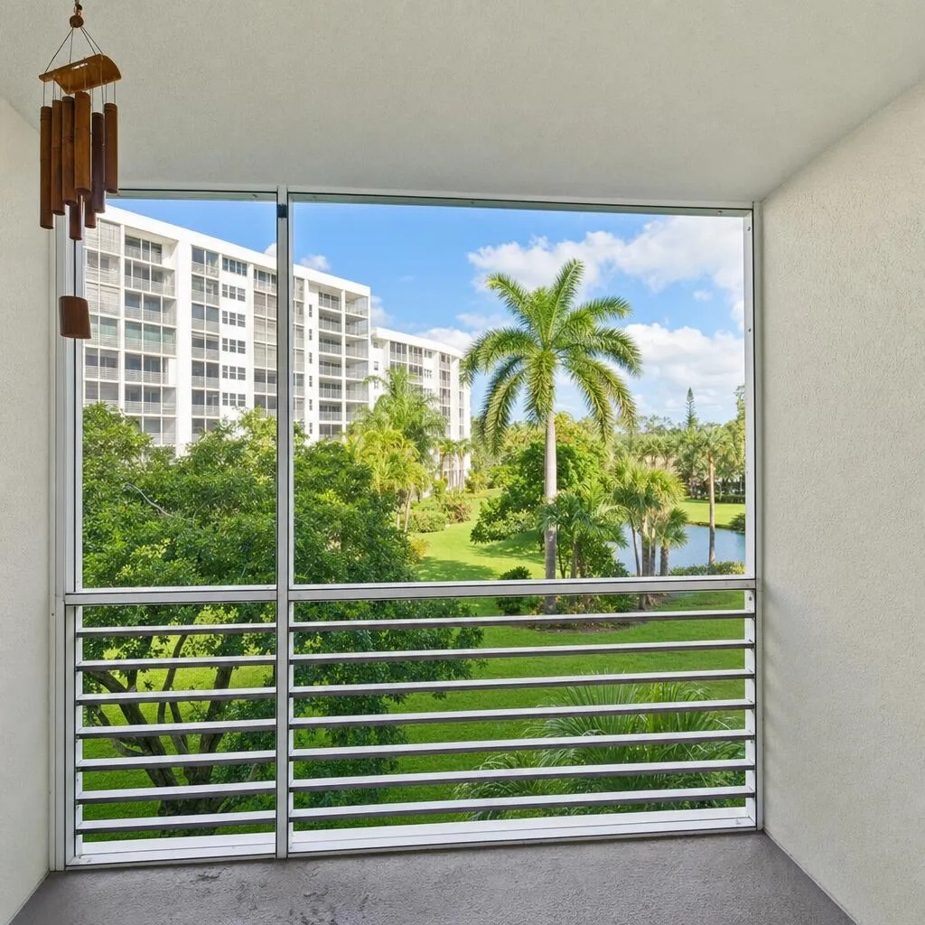 Screened terrace overlooking fountain
