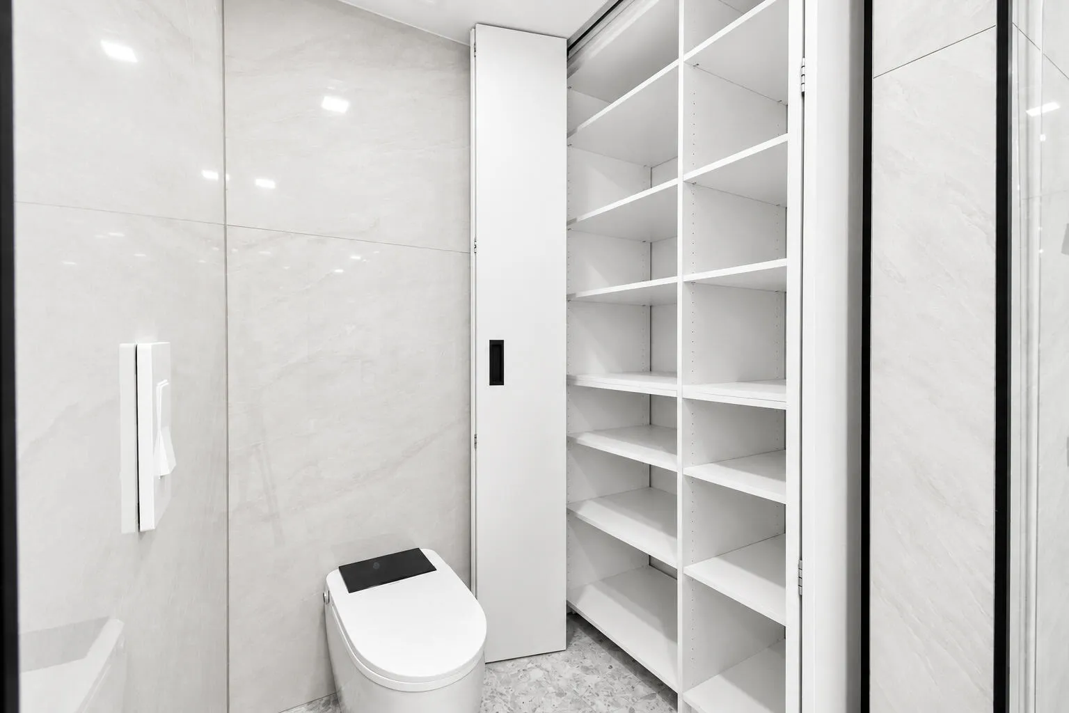 Master smart toilet closet shelving displayed