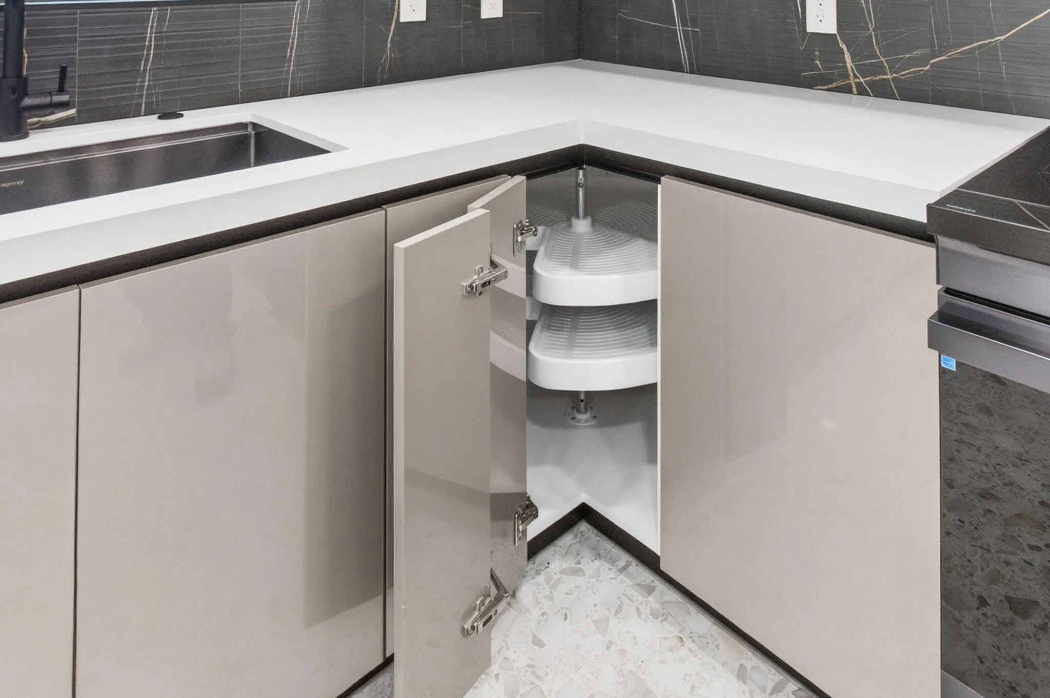 Fabulous lazy susan in cabinet in one of the kitchen corners