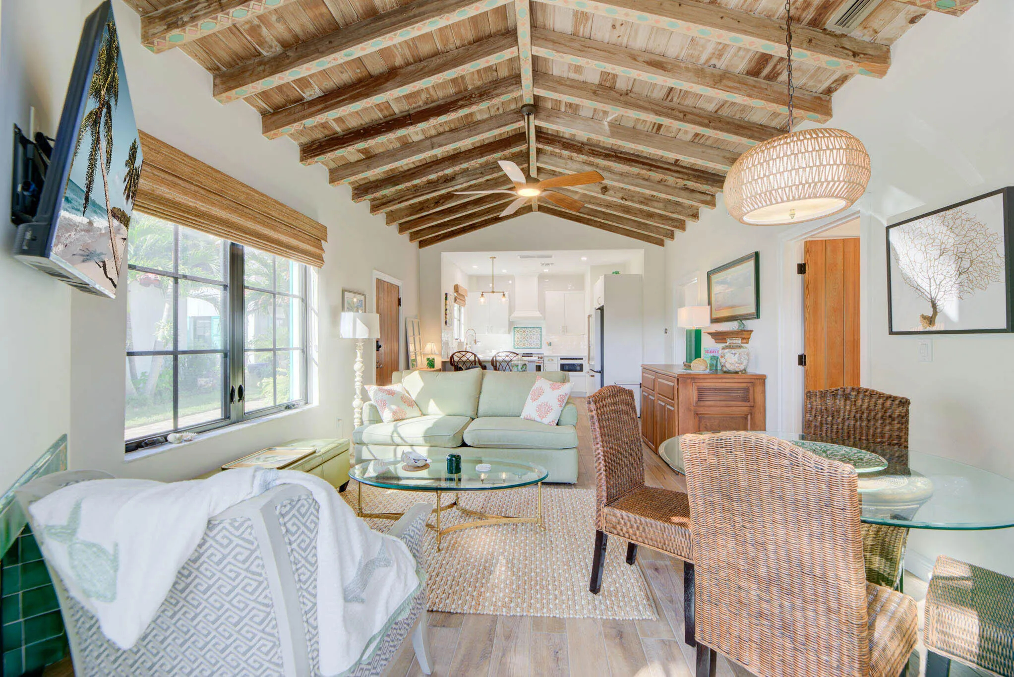 Vaulted wood-beam ceiling with original 1938 painted stencils.