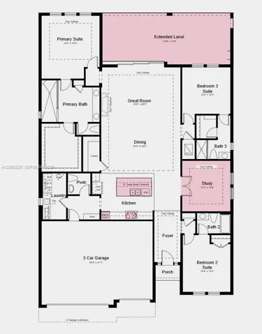 Floor Plan - Additional Highlights Include: extended covered lanai, tray ceiling package, gourmet kitchen, outdoor kitchen rough-in, pool/spa pre-wire, and impact windows throughout the home