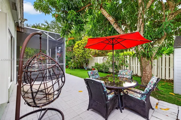 Step outside to your large, fully tiled, screened-in patio with a covered overhang overlooking a fully fenced backyard with mature fruit trees, astroturf and a Rain Bird irrigation system.