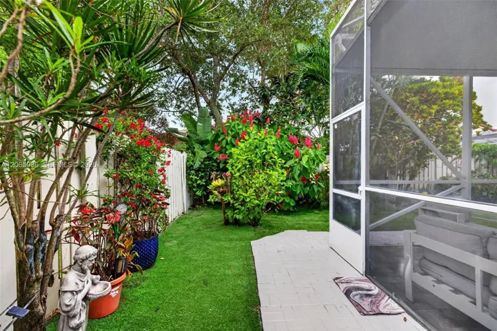 Step outside to your large, fully tiled, screened-in patio with a covered overhang overlooking a fully fenced backyard with mature fruit trees, astroturf and a Rain Bird irrigation system.