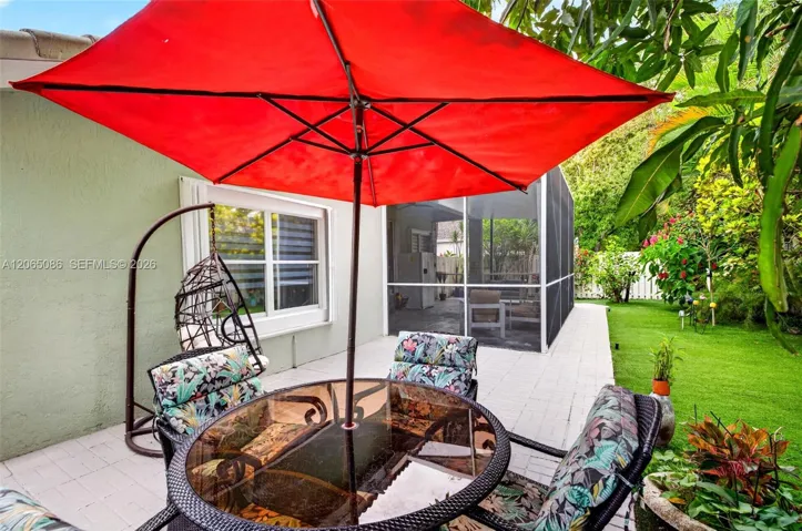 Step outside to your large, fully tiled, screened-in patio with a covered overhang overlooking a fully fenced backyard with mature fruit trees and a Rain Bird irrigation system.