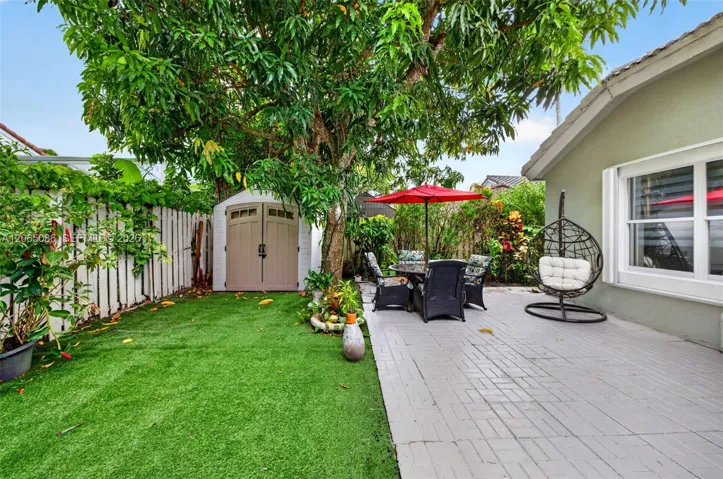 Step outside to your large, fully tiled, screened-in patio with a covered overhang overlooking a fully fenced backyard with mature fruit trees, astroturf and a Rain Bird irrigation system.