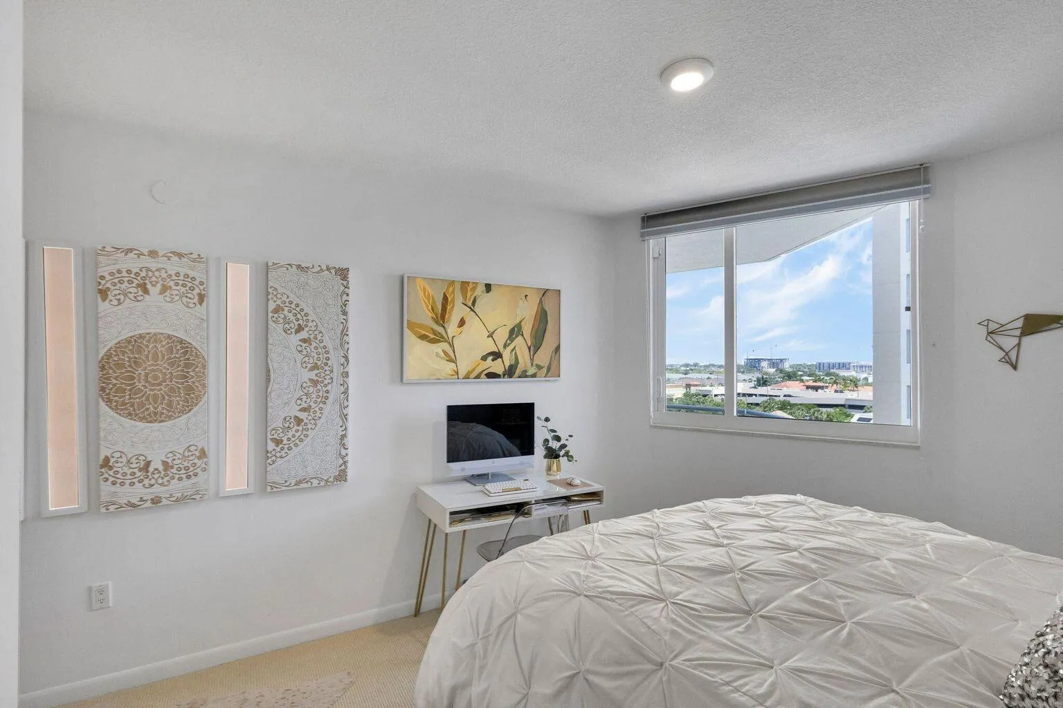 Bedroom featuring a large window, recessed lighting, and carpeted flooring