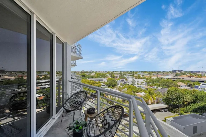 Private balcony with grey railing and expansive urban scenery