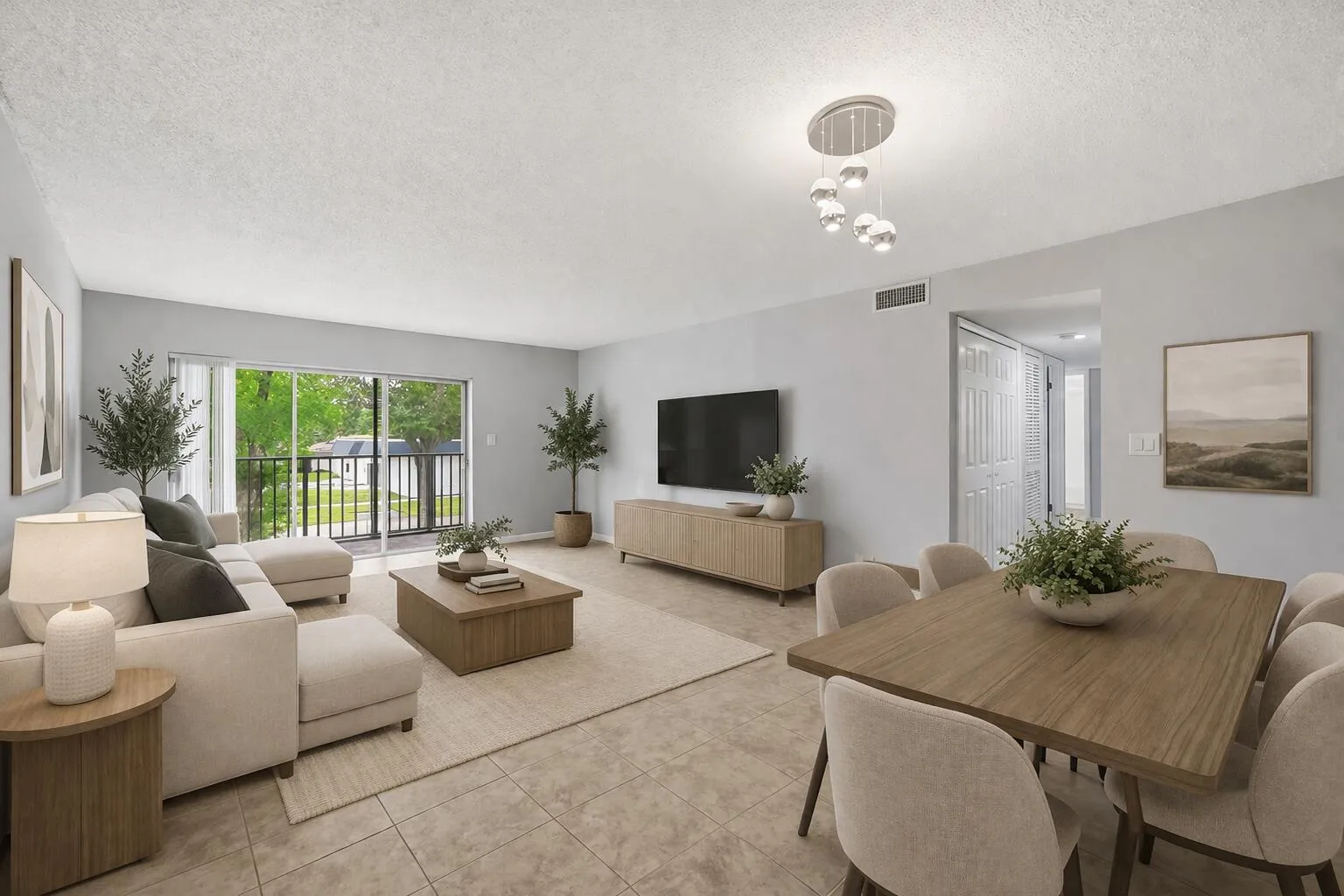 Bright minimalist living and dining spac
