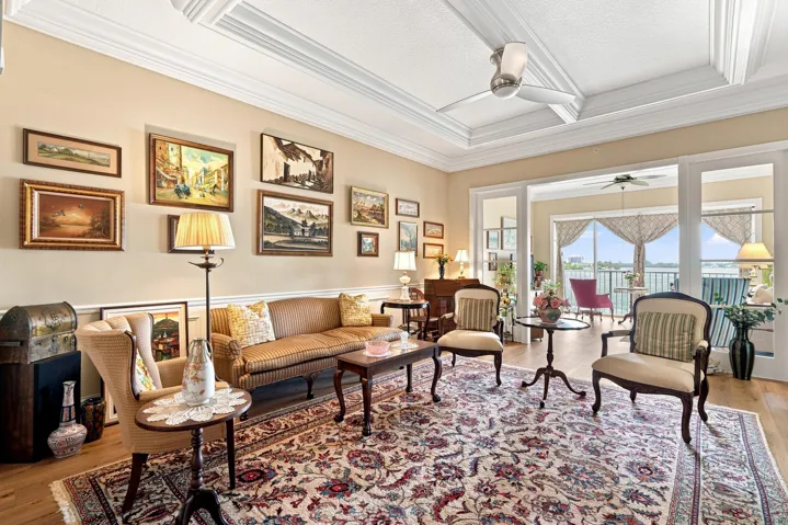 This home features coffered ceilings, crown molding, and custom trim.