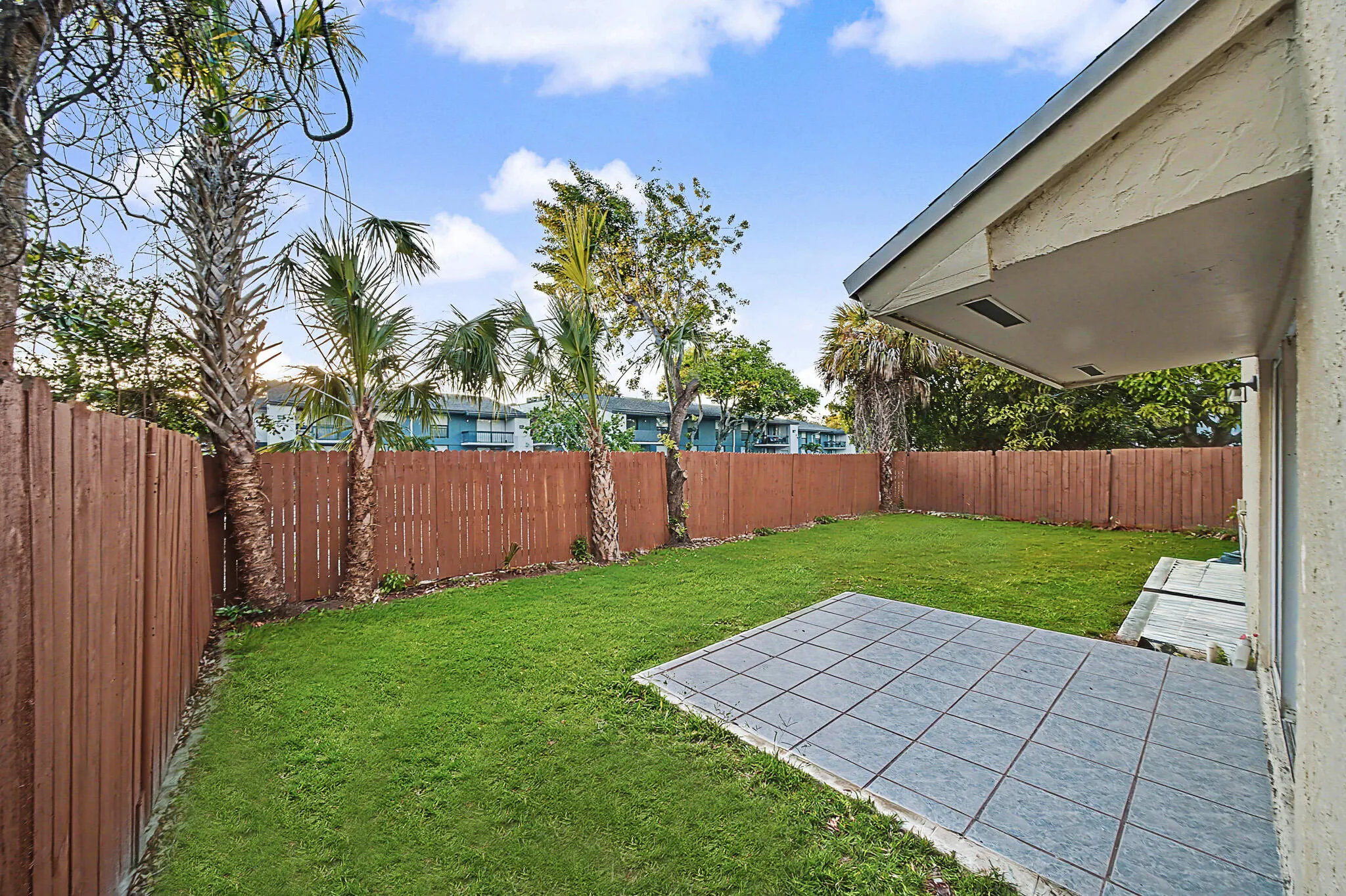 Expansive backyard oasis featuring a lush, manicured lawn, mature palm and native trees, and a generous paved patio area adjoining the home
