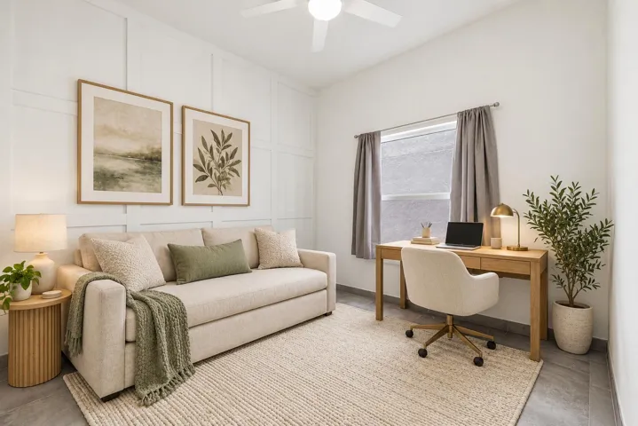 Virtually Staged as an office with a sofa bed