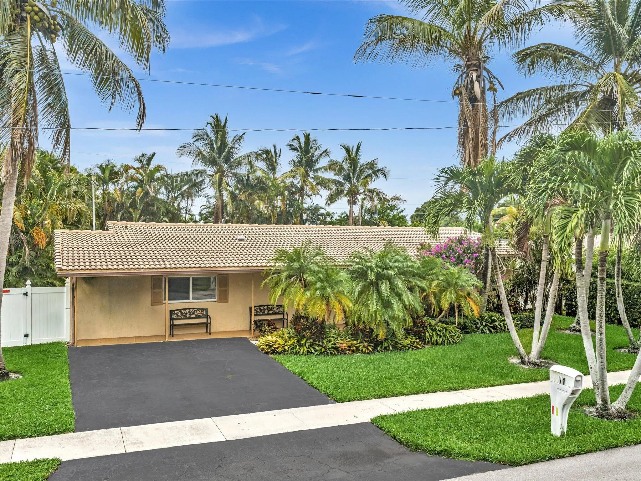 Exterior featuring a neutral stucco finish, tile roof, lush landscaping, mature palm trees, and a paved driveway