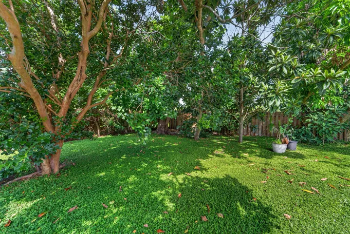 Expansive green lawn with mature trees and a wood fence border