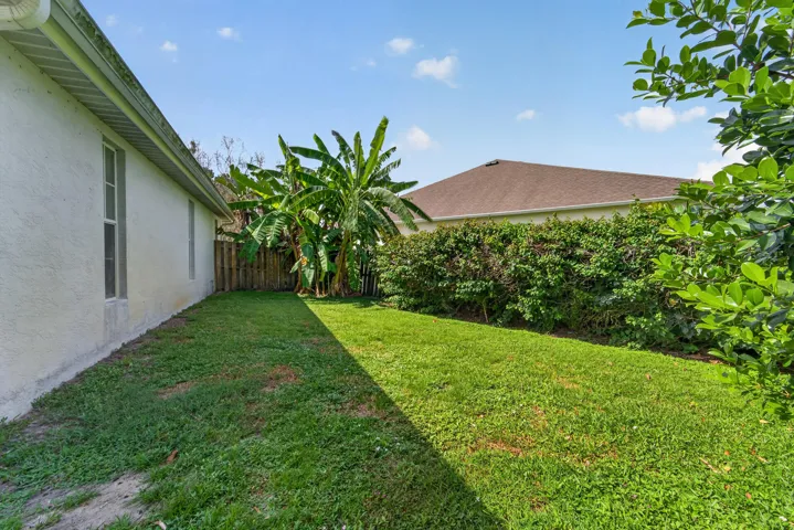 Expansive grassy area with stucco exterior, mature foliage, and wood fencing