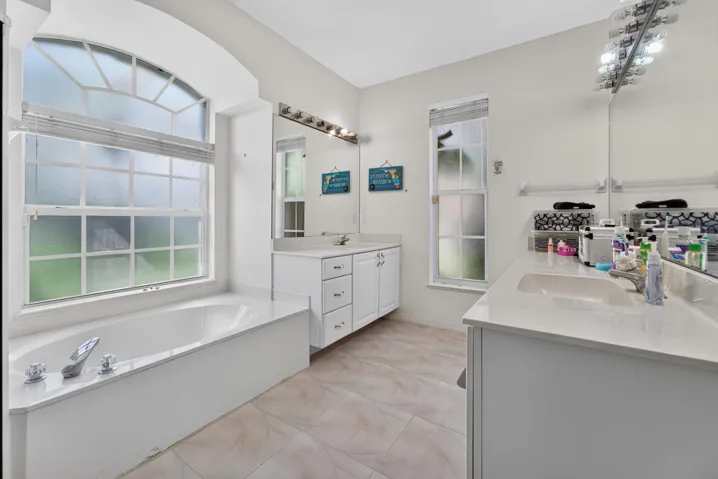 Spa-inspired primary bathroom featuring a soaking tub beneath an arched transom window, dual vanity with white cabinetry and quartz countertops, wood-finish flooring, and abundant natural light from expansive windows overlooking the grounds