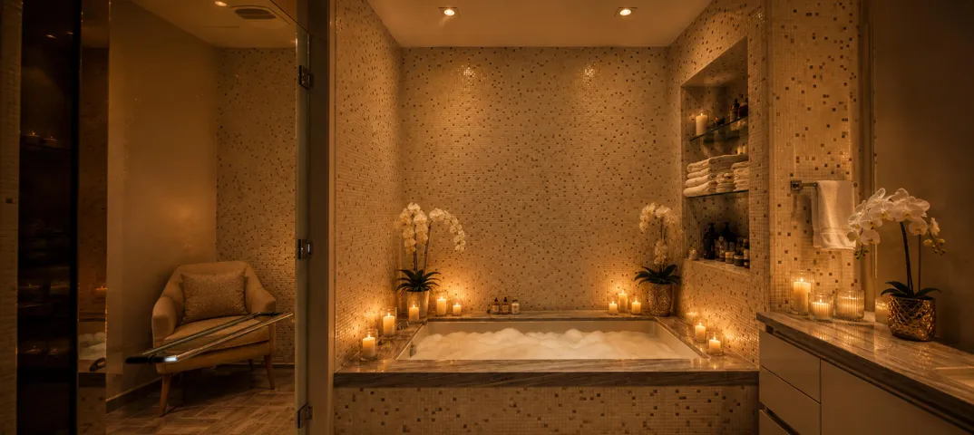 Master Warm Candlelit Mosaic Tub Retreat