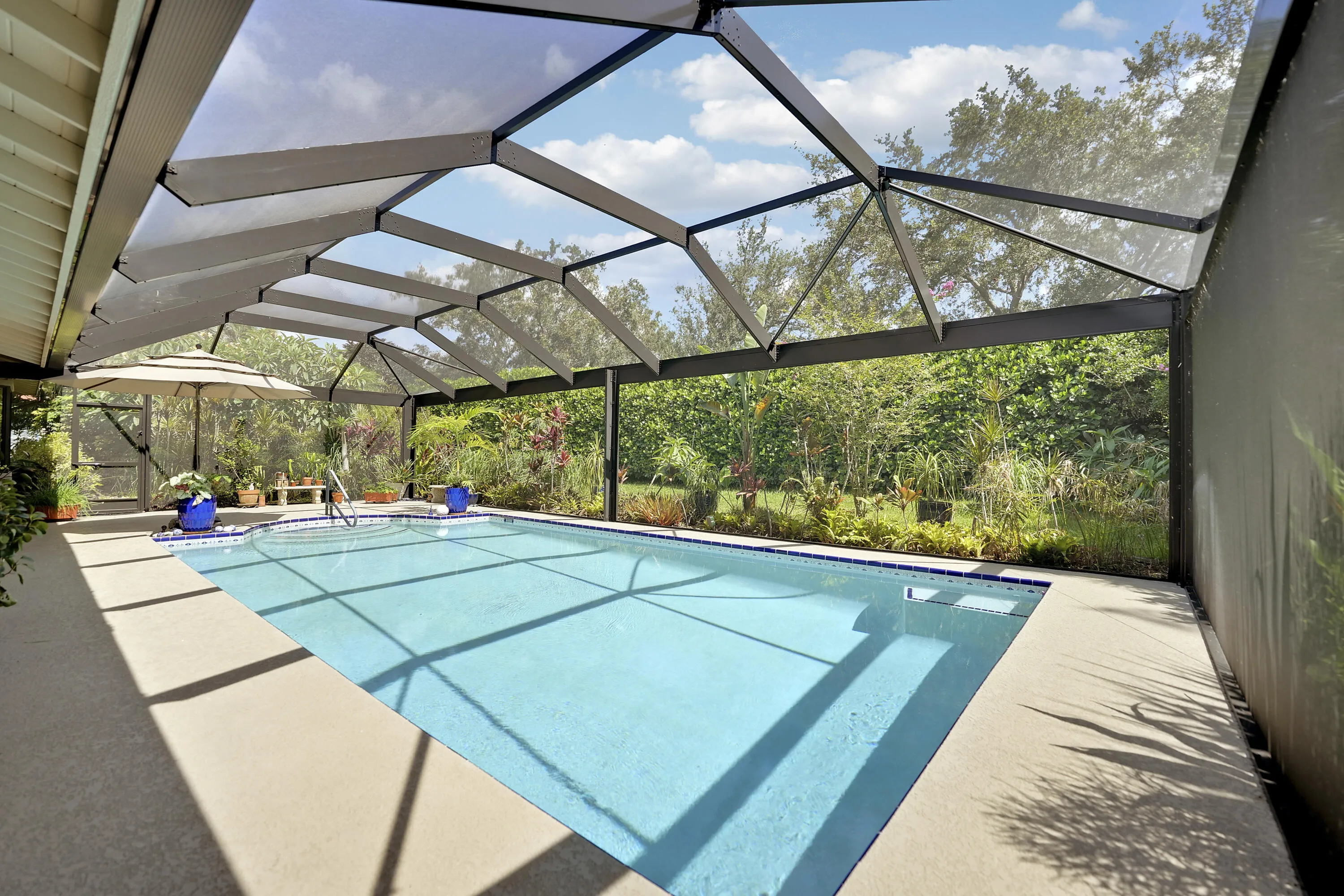heated saltwater pool, perfect for year-round outdoor living.