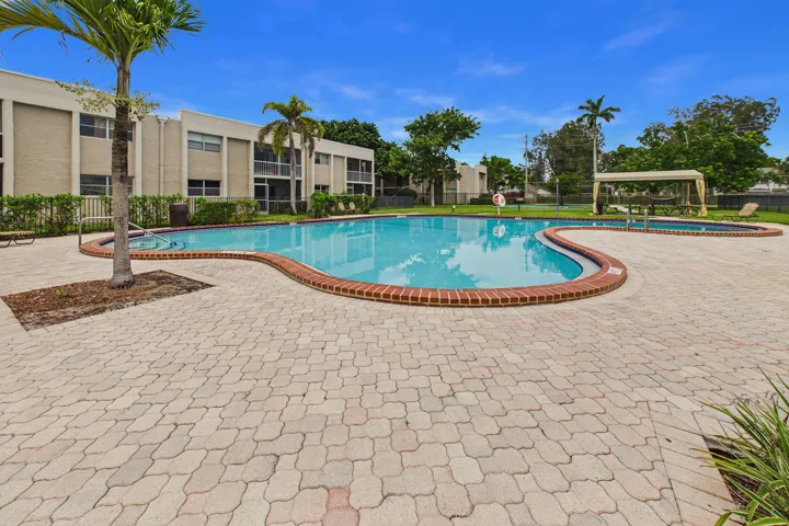 Freeform swimming pool with brick coping, surrounded by a paver patio and mature palm trees
