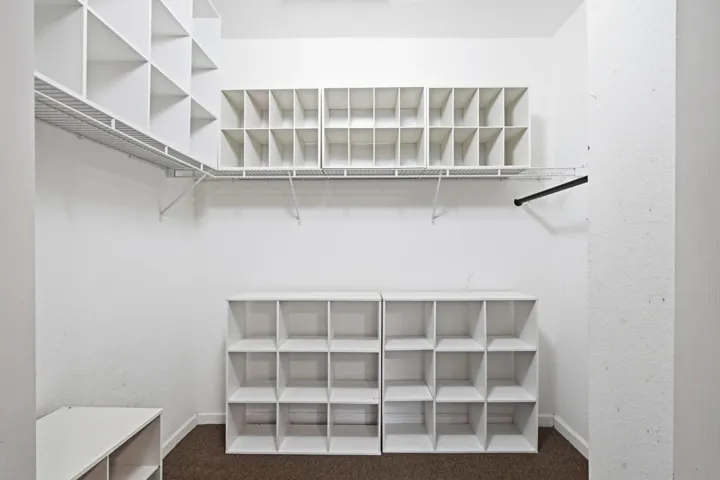 Built-in shelving units, wire shelving, and hanging rod