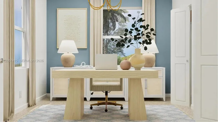 This bedroom boasts a prime location on the first floor, providing the perfect spot for a home office, as shown here.