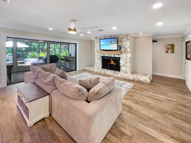 The family room and real wood burning fireplace