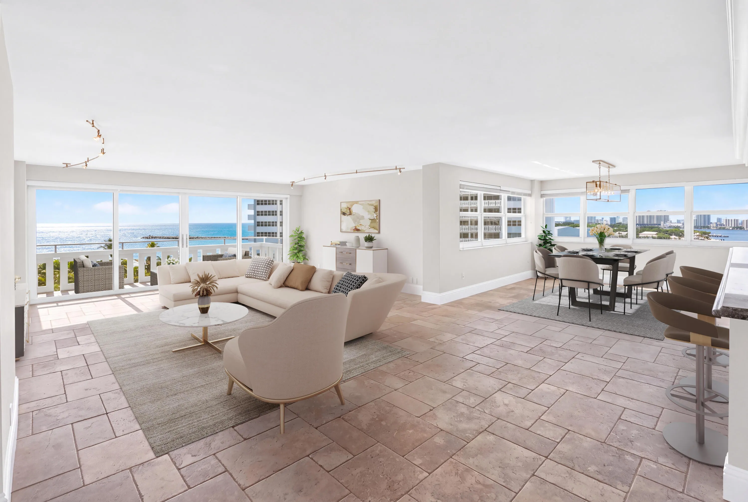 Living Area is open to kitchen, and access to Large Balcony w/Ocean Views