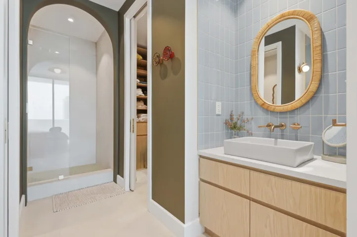 Master bath sink and vanity for her in Sea Breeze