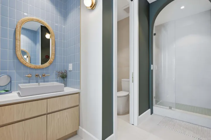 Master bath sink and vanity for him in Sea Breeze