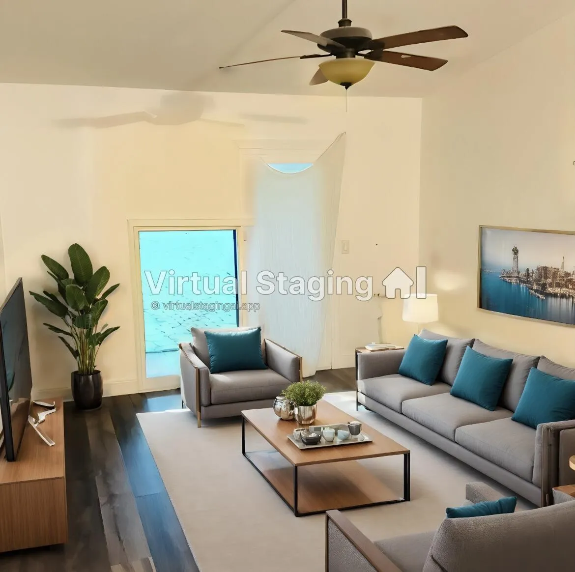 AI generated photo to showcase other decor/window ideas. Vaulted ceilings, wood-finish flooring, and a ceiling fan with integrated lighting