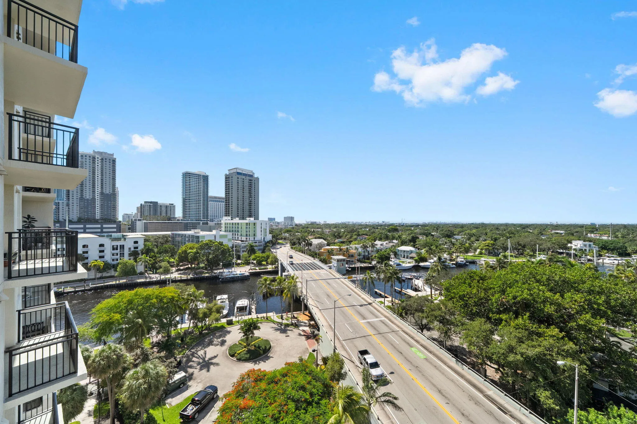 Elevated view toward the New River, Sailboat Bend & downtown Fort Lauderdale skyline from the residence’s wraparound terrace.