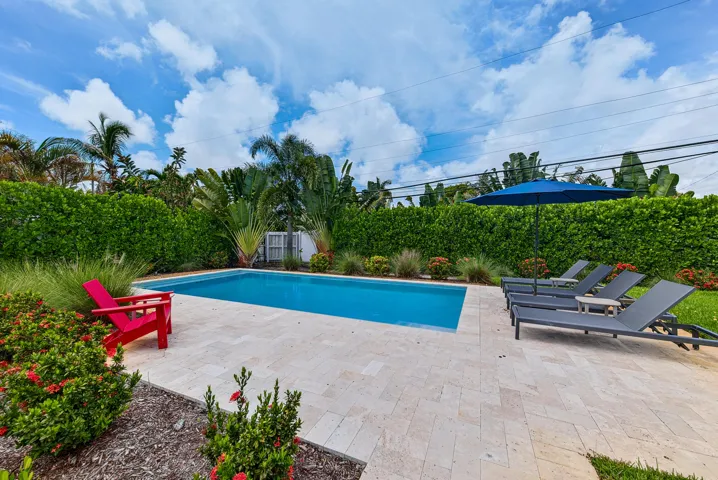 Rectangular swimming pool with stone paver surround, bordered by established hedges and mature tropical foliage