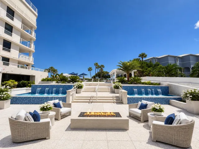 Actual photo of pool, fountains and outdoor areas shown. Furniture is virtually staged for illustrative purposes only. Completion anticipated Fall of 2026