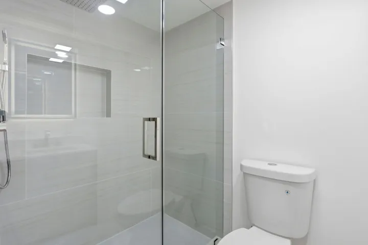 Glass-enclosed shower with a recessed niche, rain shower head, and an attached handheld shower fixture