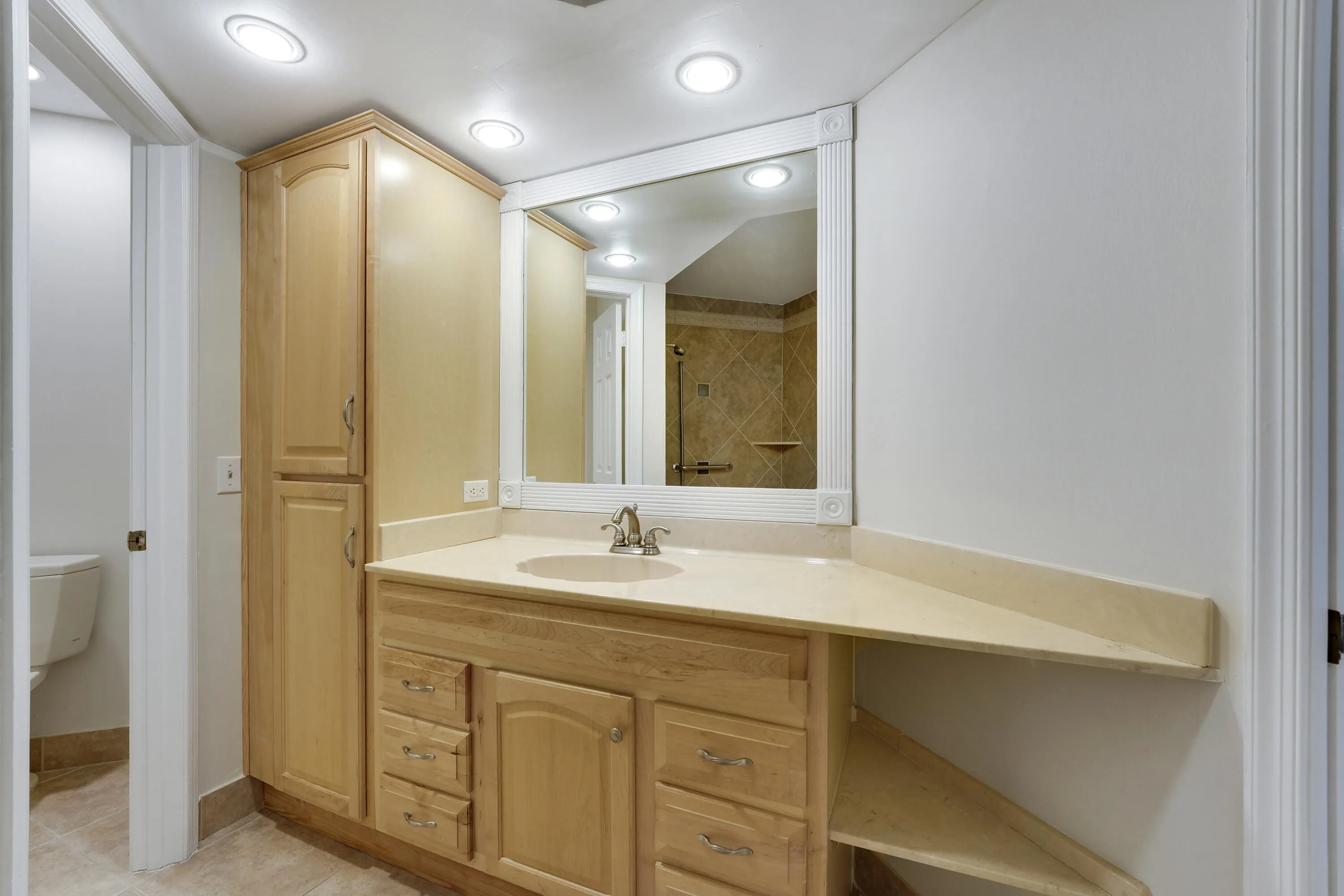 En-suite bathroom with vanity and storage