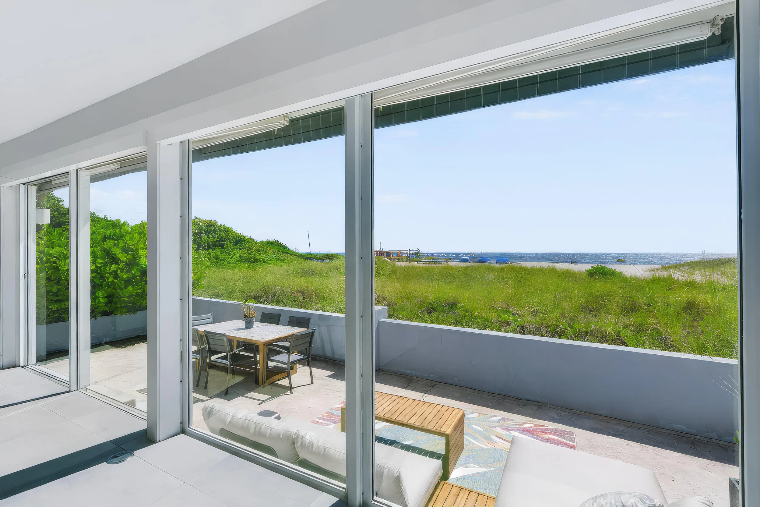 Expansive glass sliding doors open to an outdoor patio with ocean frontage