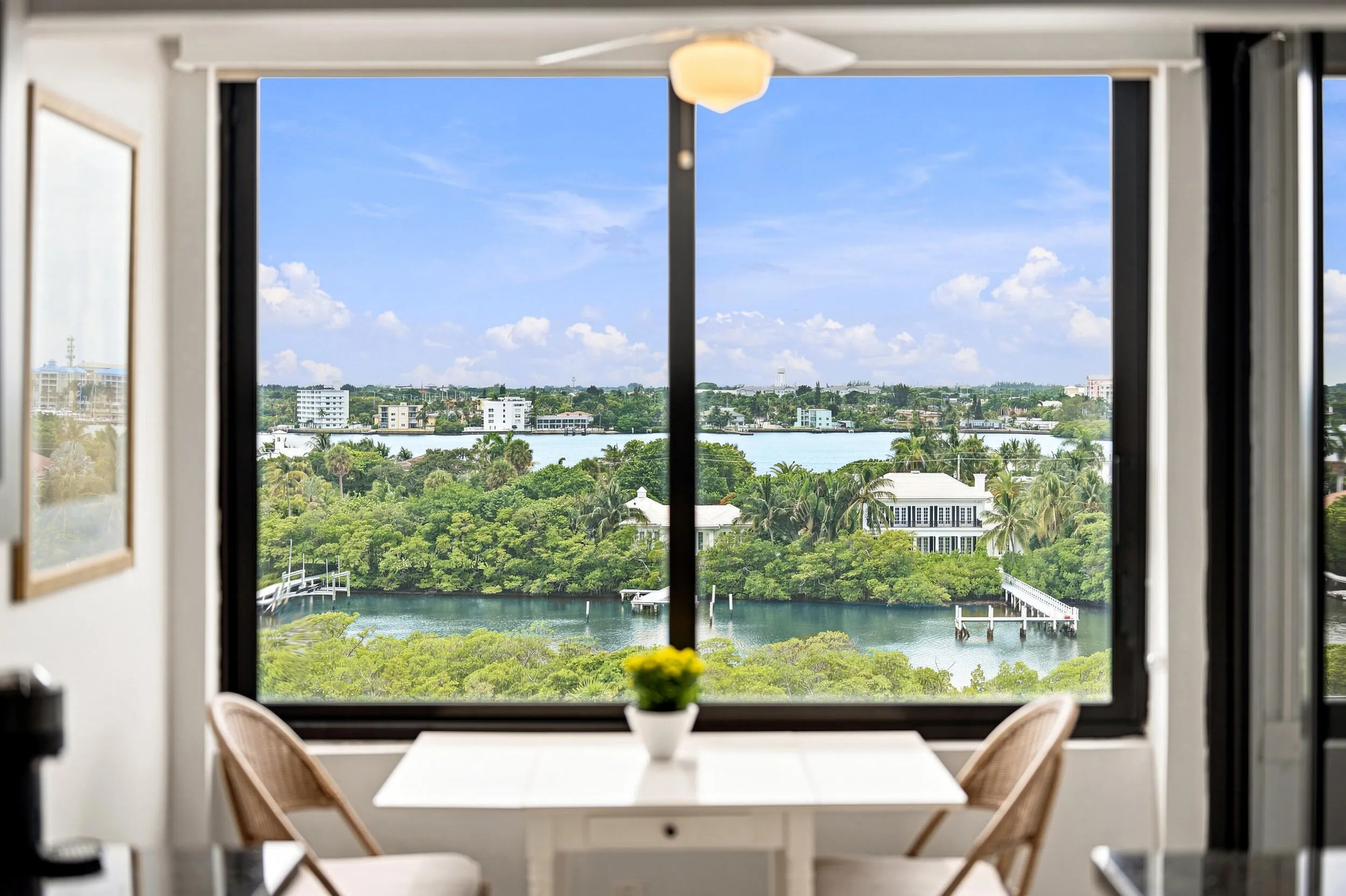 Expansive window framing a water and city skyline panorama