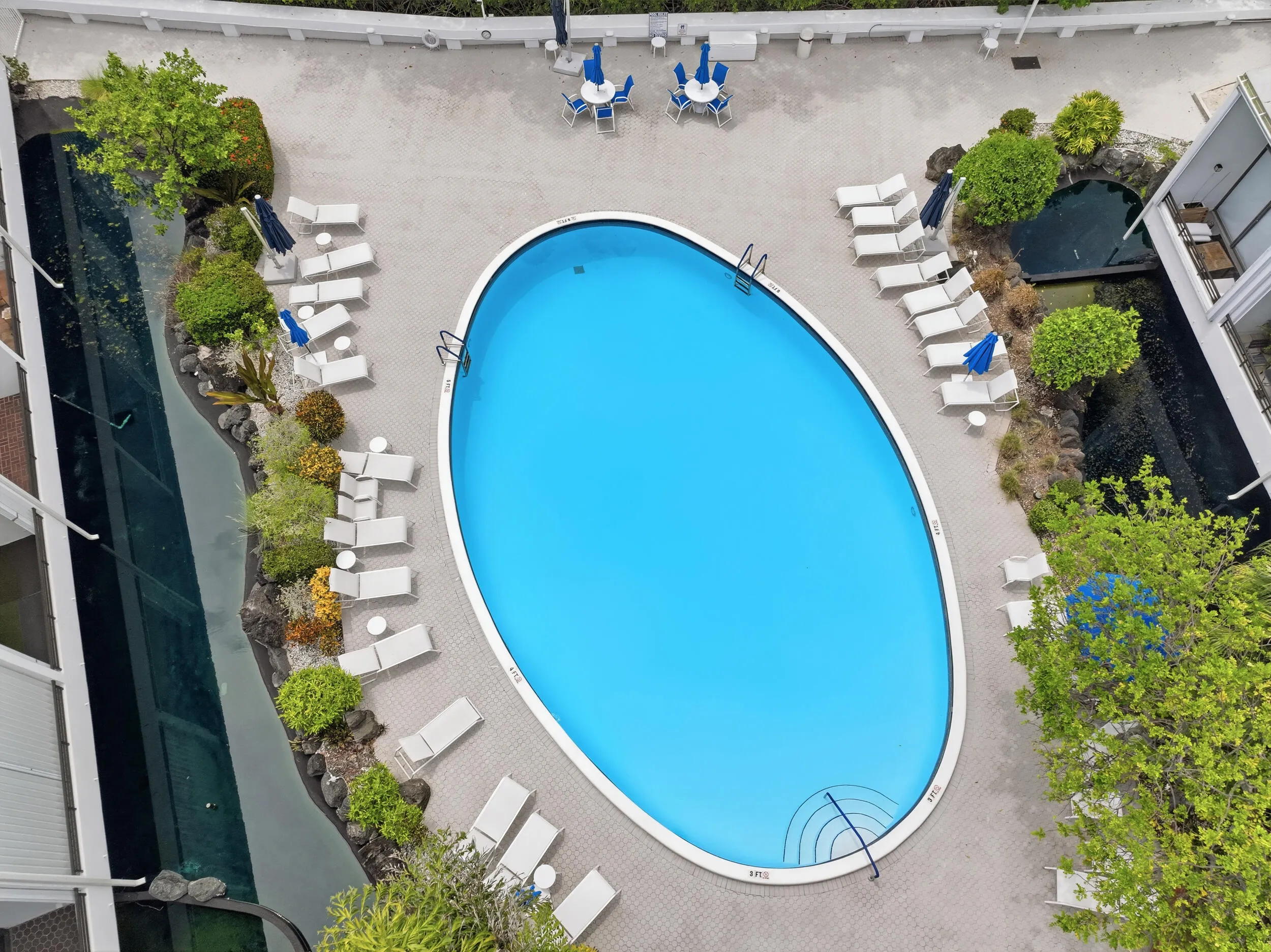 Oval-shaped pool with a light-colored paved deck surround