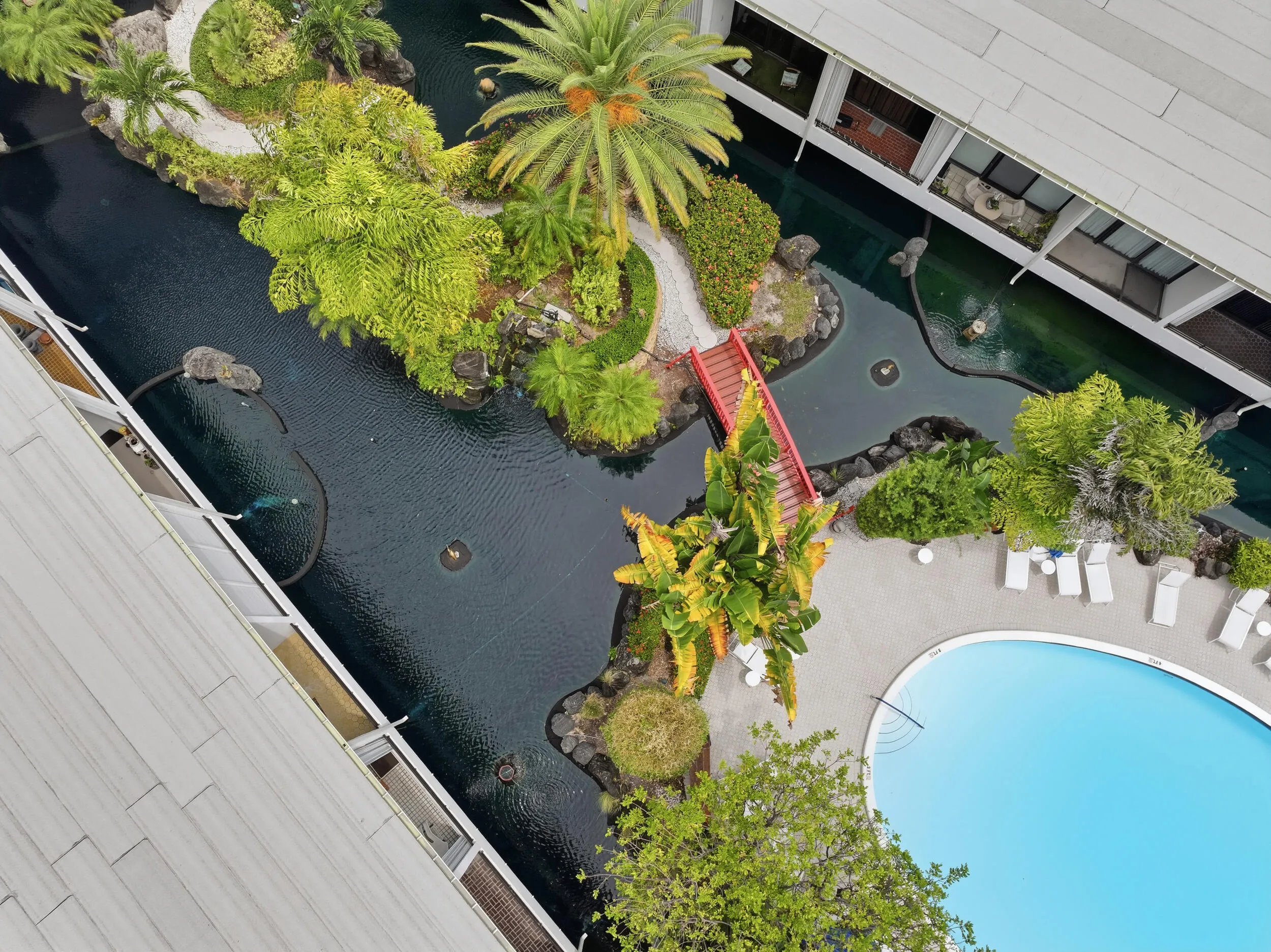 Landscaped water features with a red pedestrian bridge, tropical plantings, and a curved swimming pool