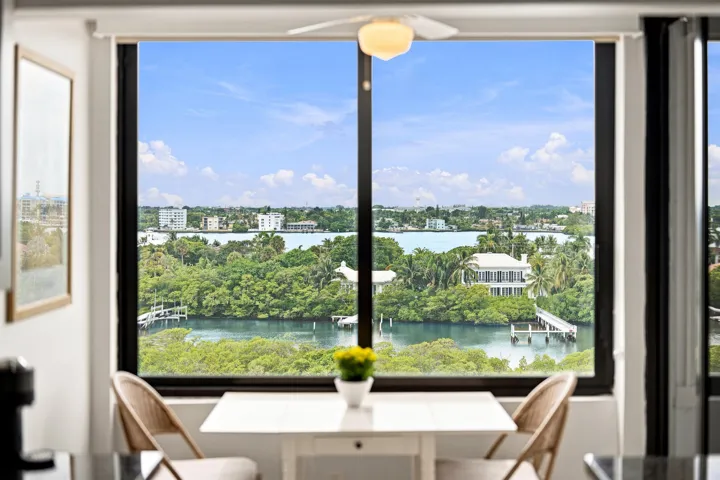 Expansive window framing a water and city skyline panorama