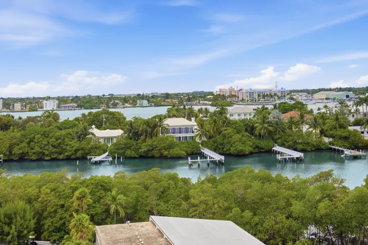 Expansive waterfront scenery with multiple private docks and lush green foliage