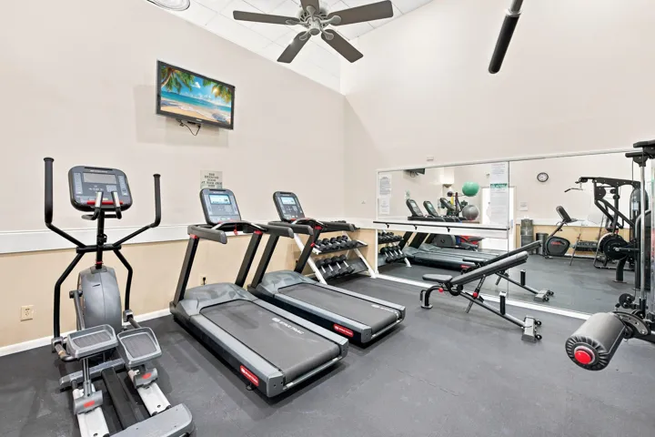 Fitness room featuring vaulted ceilings, a ceiling fan, wall-mounted television, full-wall mirror, and rubber flooring